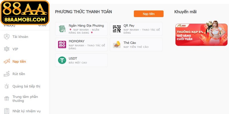 Quy trình nạp tiền 88AA chi tiết từng bước